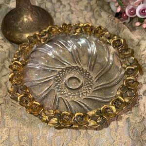Vintage regency Roses Filigree Gold Vanity Trinket Dish Large size